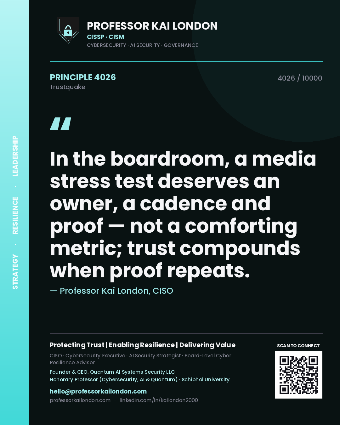 Professor Kai London principle 4026: In the boardroom, a media stress test deserves an owner, a cadence and proof — not a comforting metric; trust compounds when proof repeats.