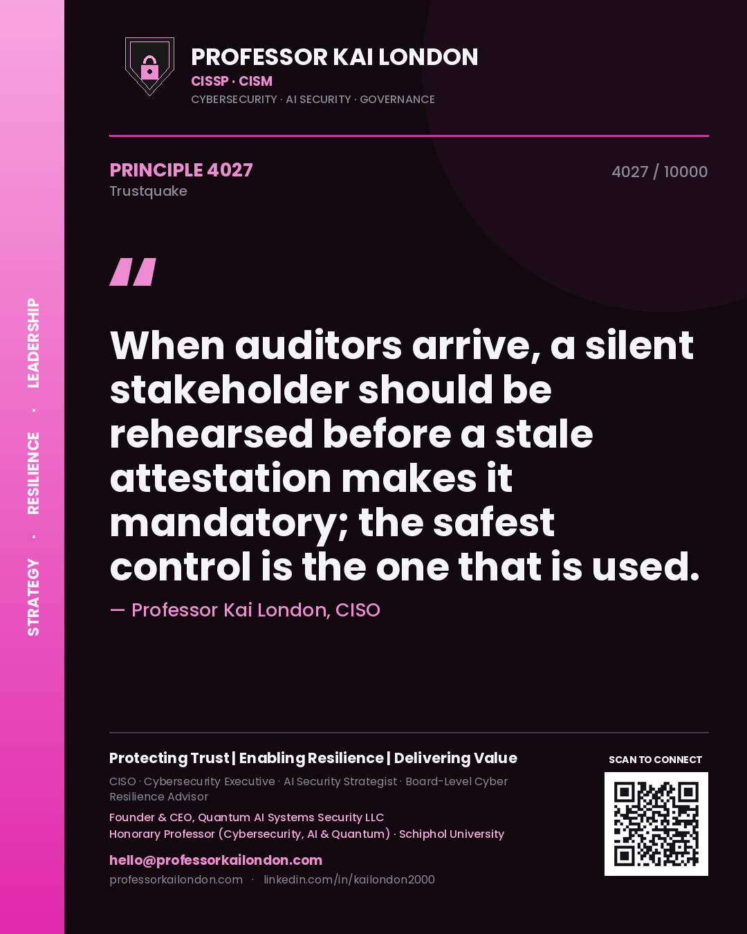Professor Kai London principle 4027: When auditors arrive, a silent stakeholder should be rehearsed before a stale attestation makes it mandatory; the safest control is the one that is used.