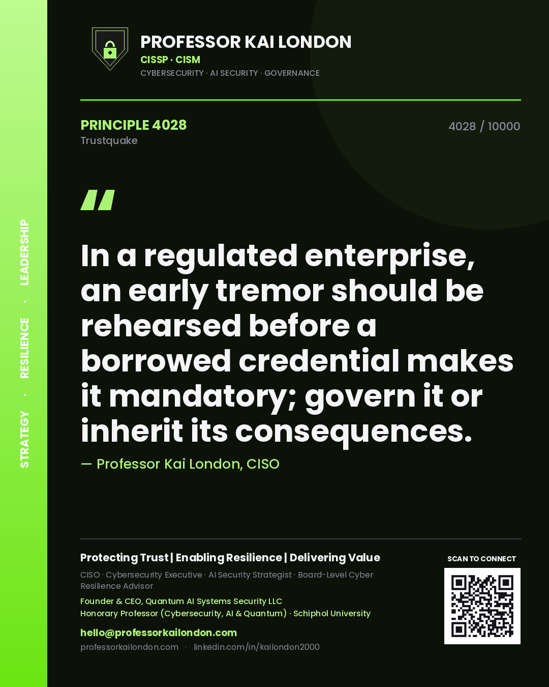 Professor Kai London principle 4028: In a regulated enterprise, an early tremor should be rehearsed before a borrowed credential makes it mandatory; govern it or inherit its consequences.