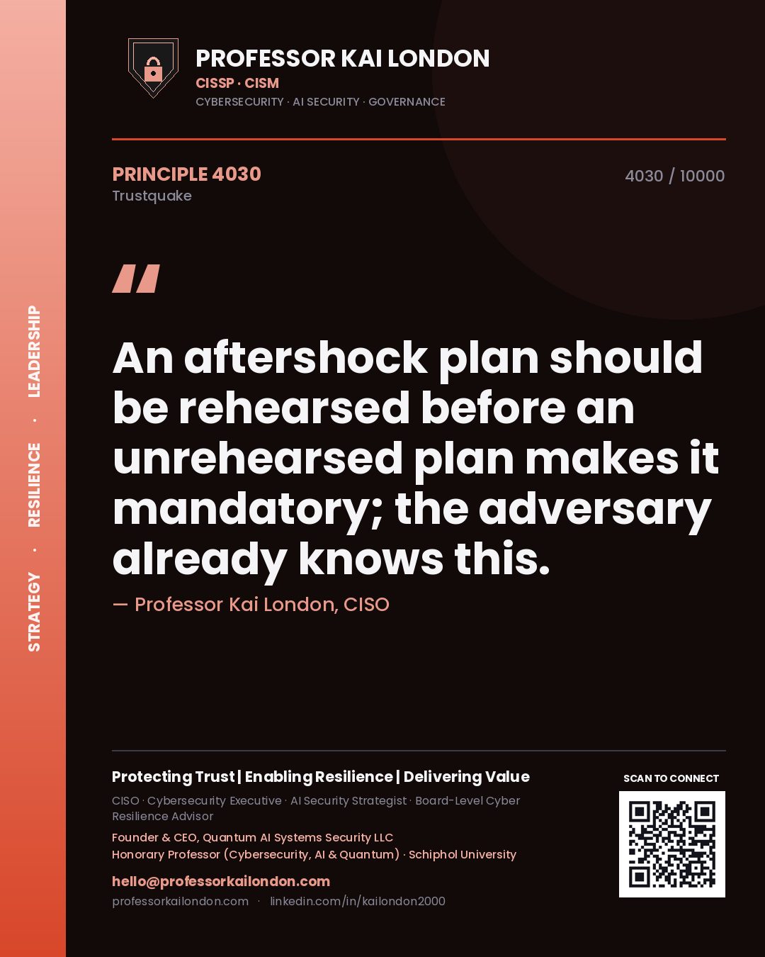 Professor Kai London principle 4030: An aftershock plan should be rehearsed before an unrehearsed plan makes it mandatory; the adversary already knows this.