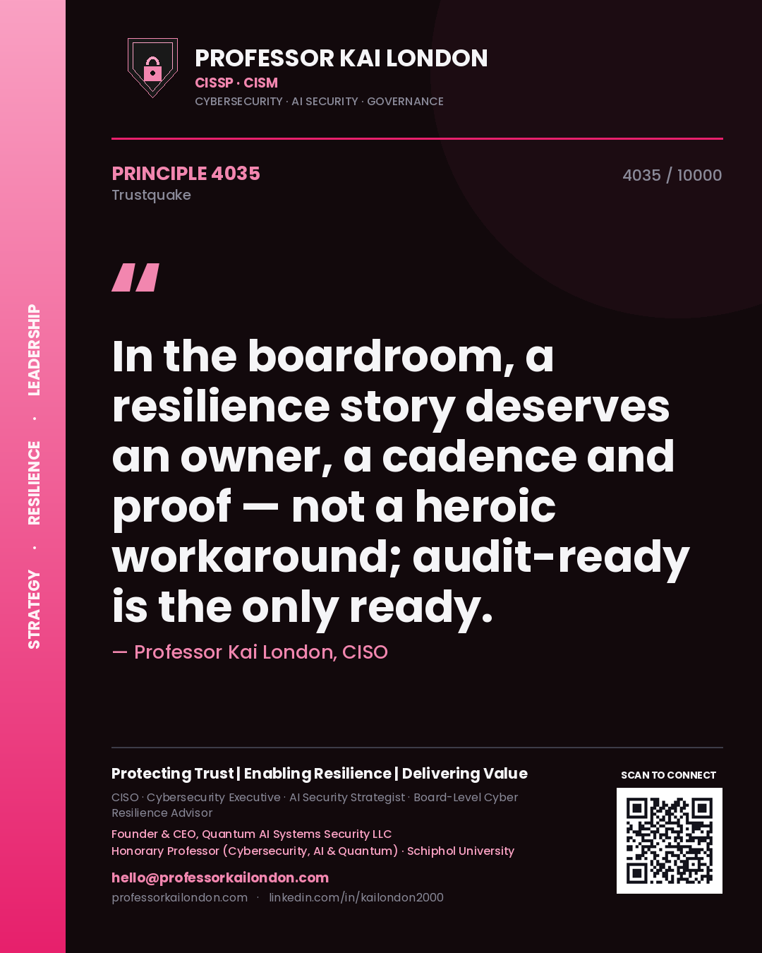Quote card by Professor Kai London reading 'In the boardroom, a resilience story deserves an owner, a cadence and proof — not a heroic workaround; audit-ready is the only ready.'. From the book Trustquake.