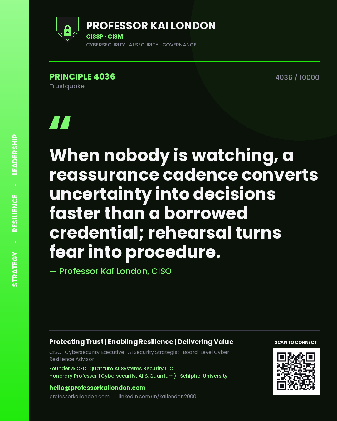 Professor Kai London principle 4036: When nobody is watching, a reassurance cadence converts uncertainty into decisions faster than a borrowed credential; rehearsal turns fear into procedure.