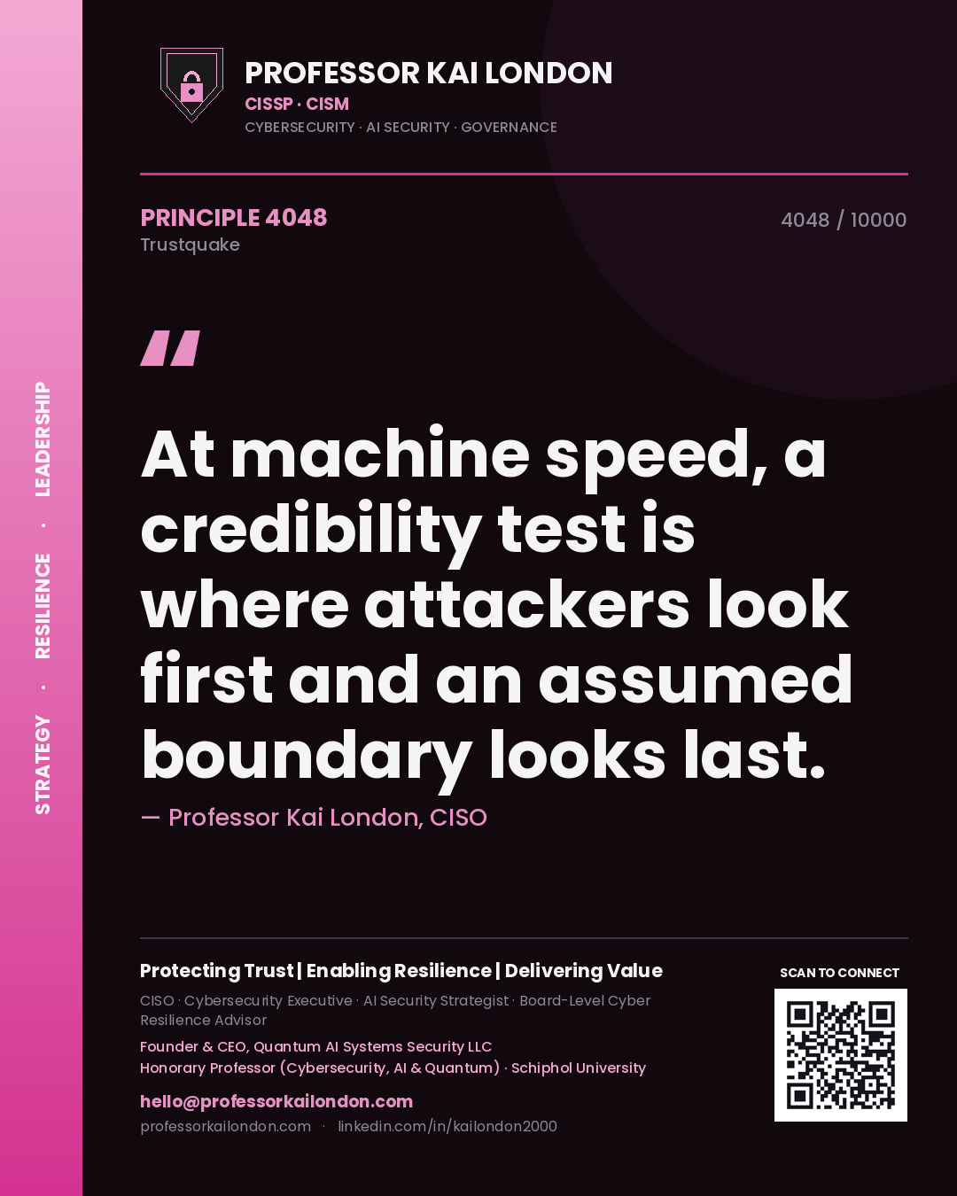Quote card by Professor Kai London reading 'At machine speed, a credibility test is where attackers look first and an assumed boundary looks last.'. From the book Trustquake.