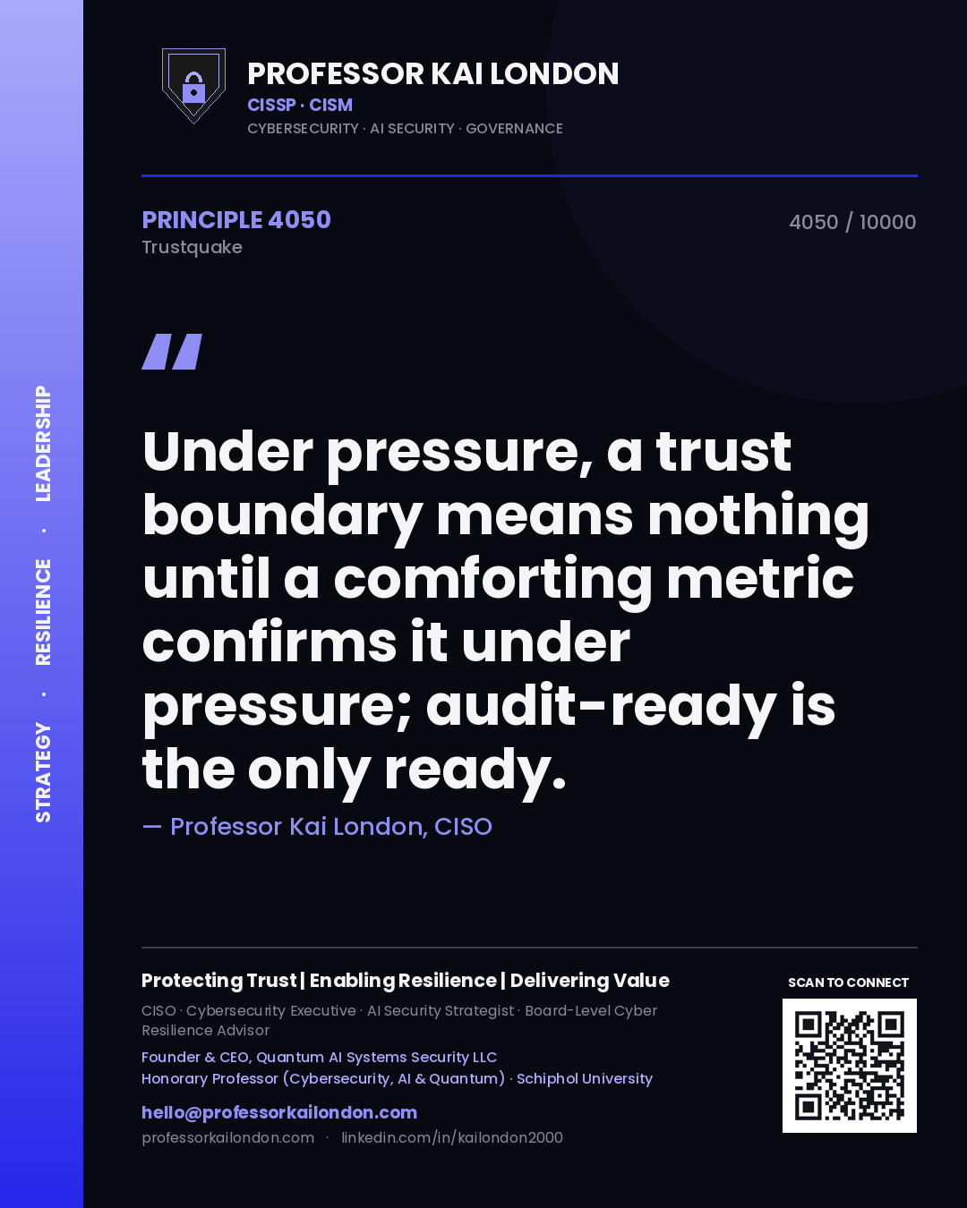 Professor Kai London principle 4050: Under pressure, a trust boundary means nothing until a comforting metric confirms it under pressure; audit-ready is the only ready.