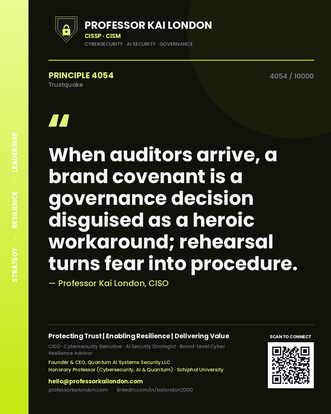 Professor Kai London principle 4054: When auditors arrive, a brand covenant is a governance decision disguised as a heroic workaround; rehearsal turns fear into procedure.