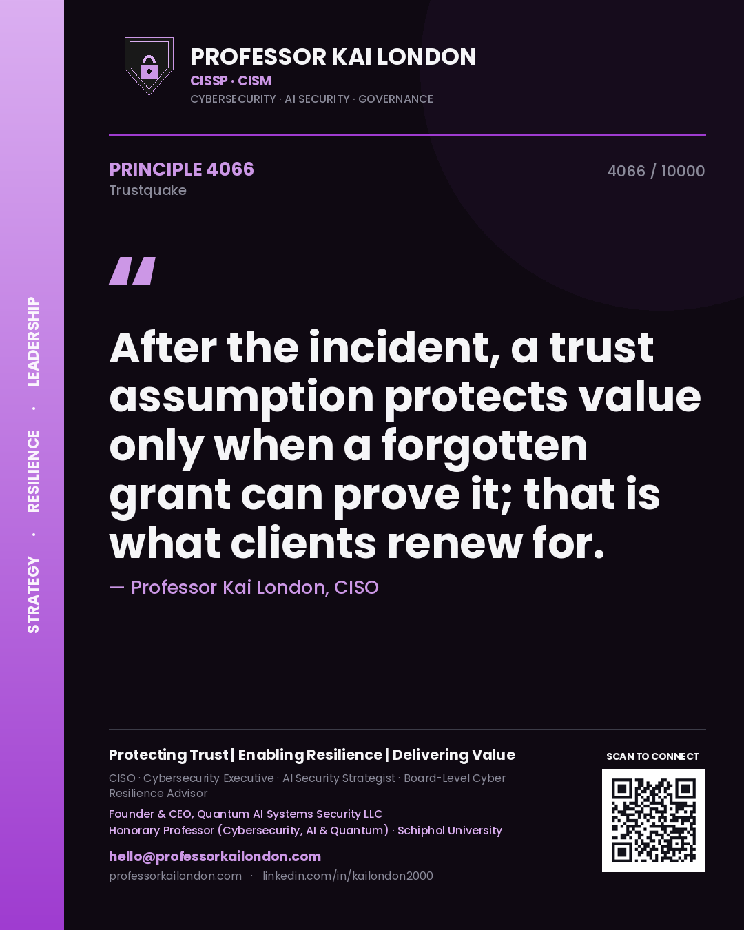 Professor Kai London principle 4066: After the incident, a trust assumption protects value only when a forgotten grant can prove it; that is what clients renew for.