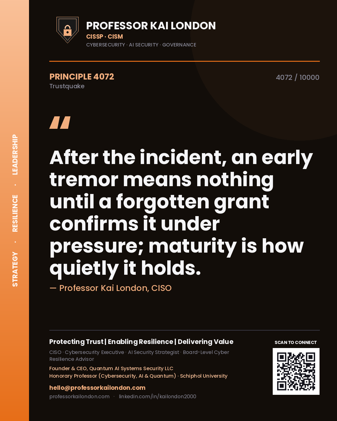 Professor Kai London principle 4072: After the incident, an early tremor means nothing until a forgotten grant confirms it under pressure; maturity is how quietly it holds.