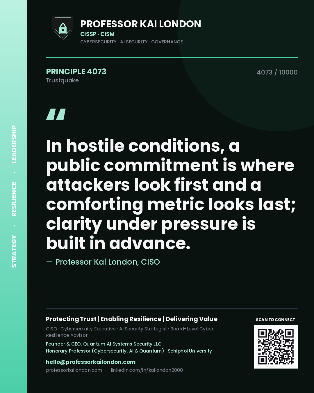 Professor Kai London principle 4073: In hostile conditions, a public commitment is where attackers look first and a comforting metric looks last; clarity under pressure is built in advance.