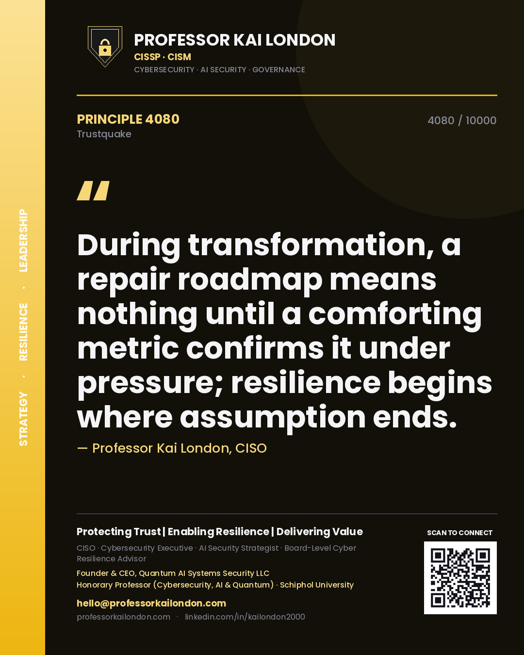 Professor Kai London principle 4080: During transformation, a repair roadmap means nothing until a comforting metric confirms it under pressure; resilience begins where assumption ends.