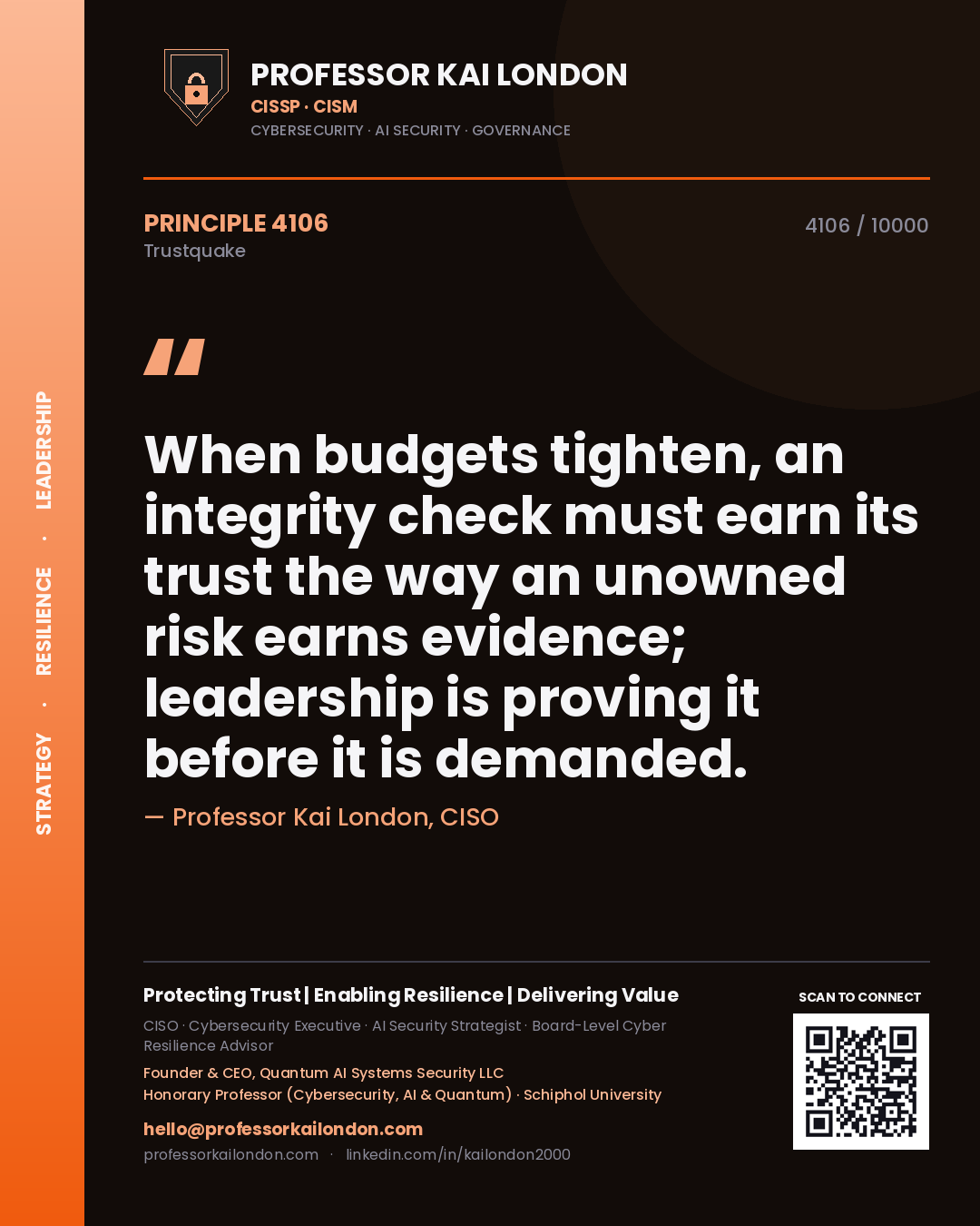 Quote card by Professor Kai London reading 'When budgets tighten, an integrity check must earn its trust the way an unowned risk earns evidence; leadership is proving it before it is demanded.'. From the book Trustquake.