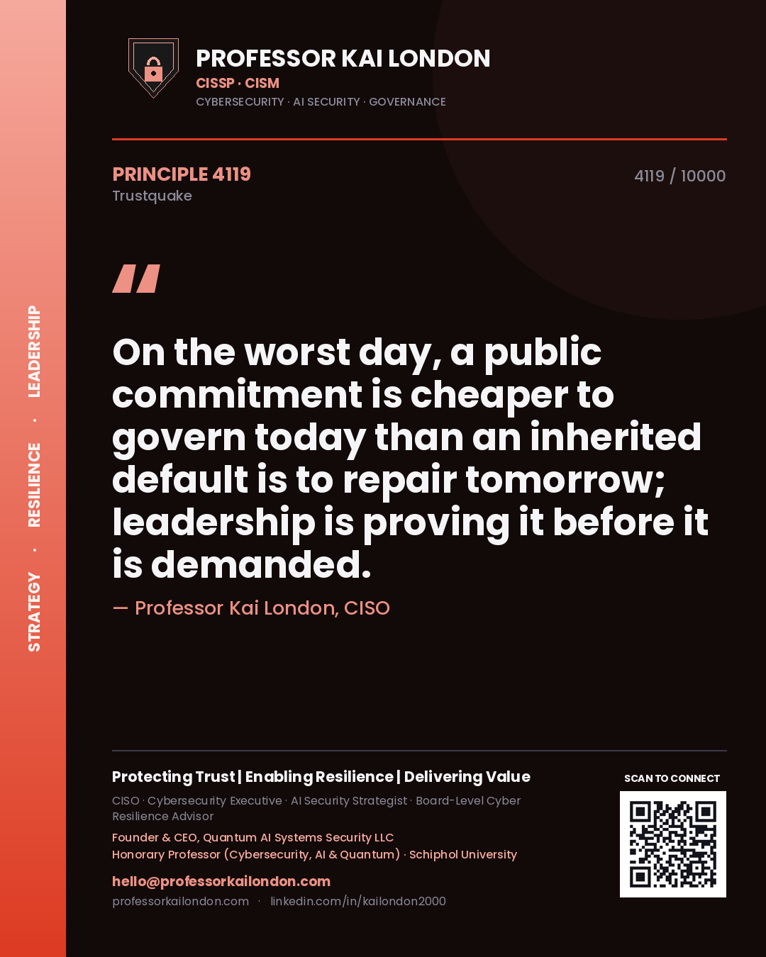 Professor Kai London principle 4119: On the worst day, a public commitment is cheaper to govern today than an inherited default is to repair tomorrow; leadership is proving it before it is demanded.