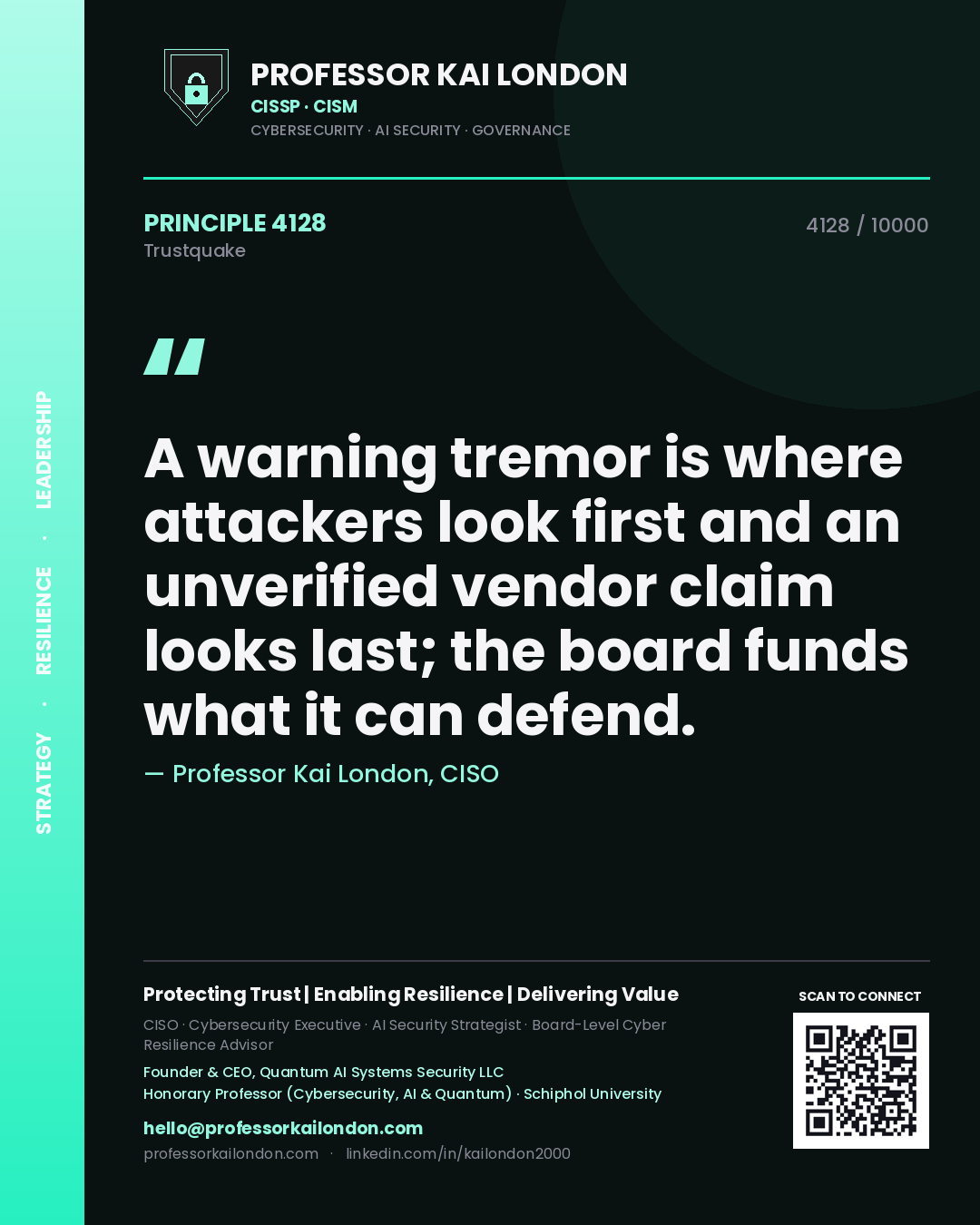 Professor Kai London principle 4128: A warning tremor is where attackers look first and an unverified vendor claim looks last; the board funds what it can defend.