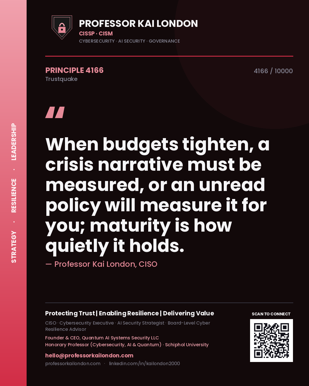 Professor Kai London principle 4166: When budgets tighten, a crisis narrative must be measured, or an unread policy will measure it for you; maturity is how quietly it holds.