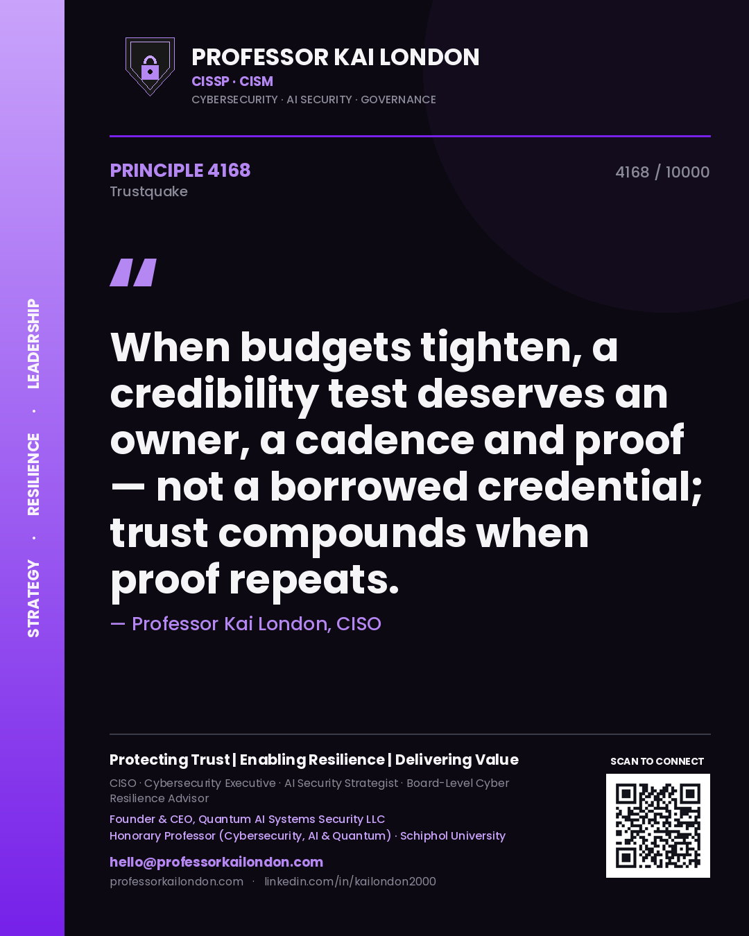 Professor Kai London principle 4168: When budgets tighten, a credibility test deserves an owner, a cadence and proof — not a borrowed credential; trust compounds when proof repeats.