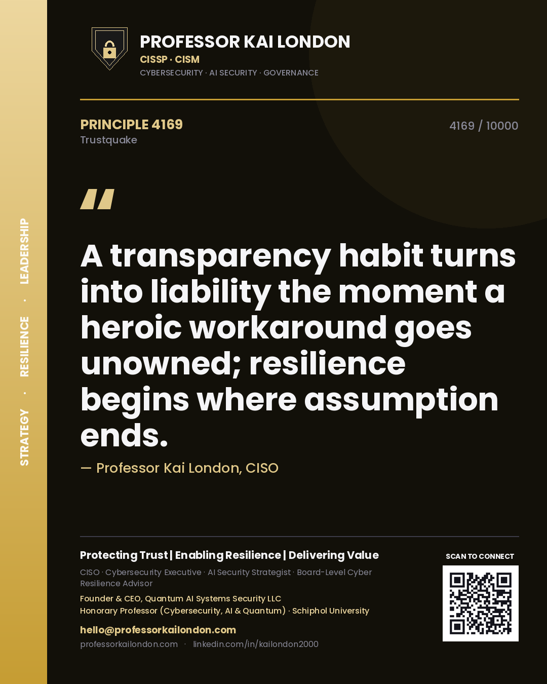 Quote card by Professor Kai London reading 'A transparency habit turns into liability the moment a heroic workaround goes unowned; resilience begins where assumption ends.'. From the book Trustquake.
