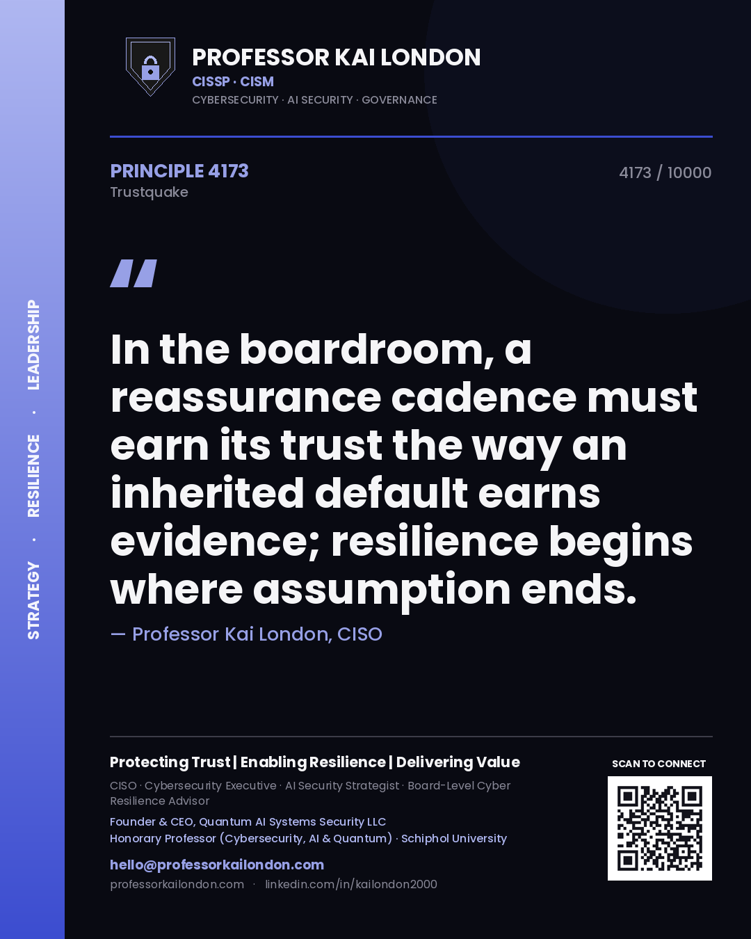 Professor Kai London principle 4173: In the boardroom, a reassurance cadence must earn its trust the way an inherited default earns evidence; resilience begins where assumption ends.