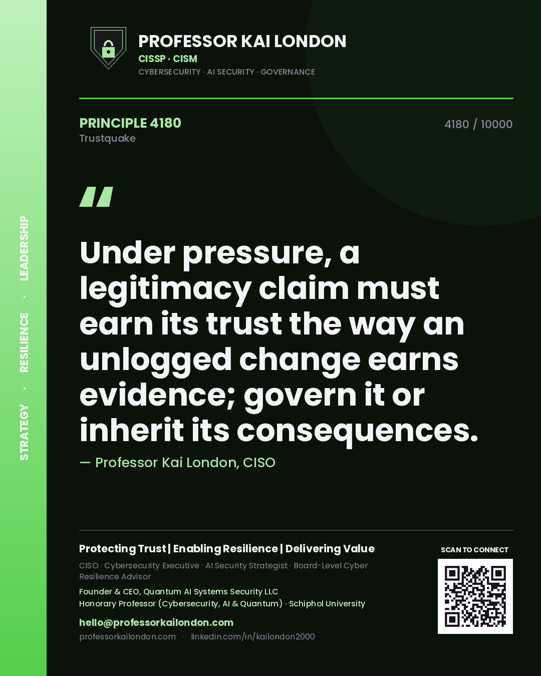 Professor Kai London principle 4180: Under pressure, a legitimacy claim must earn its trust the way an unlogged change earns evidence; govern it or inherit its consequences.