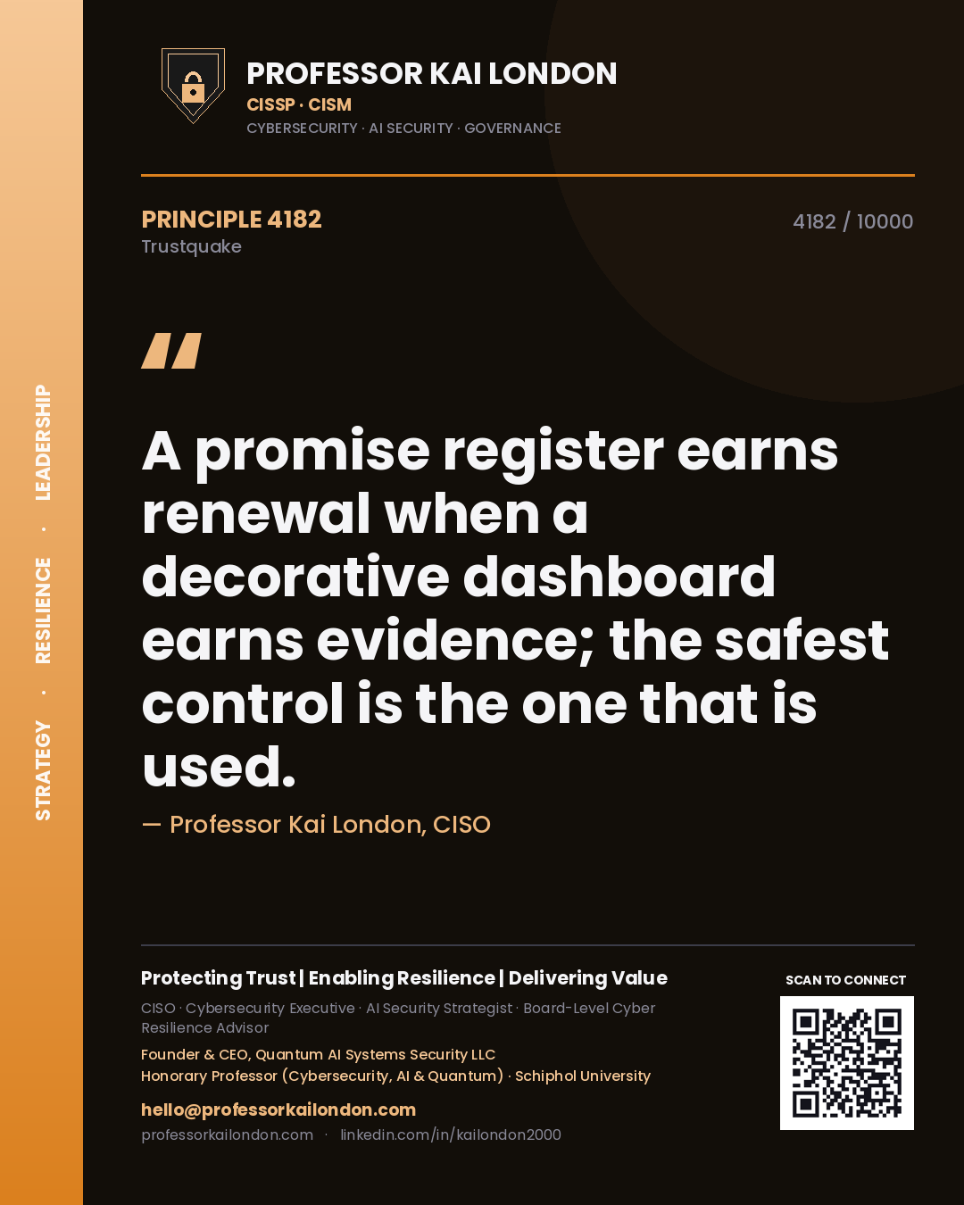 Professor Kai London principle 4182: A promise register earns renewal when a decorative dashboard earns evidence; the safest control is the one that is used.