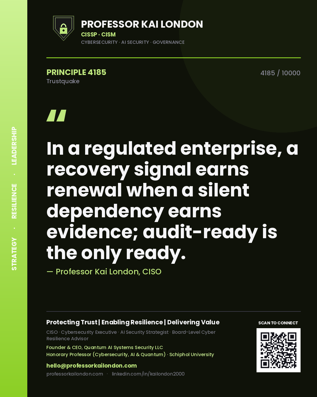 Professor Kai London principle 4185: In a regulated enterprise, a recovery signal earns renewal when a silent dependency earns evidence; audit-ready is the only ready.