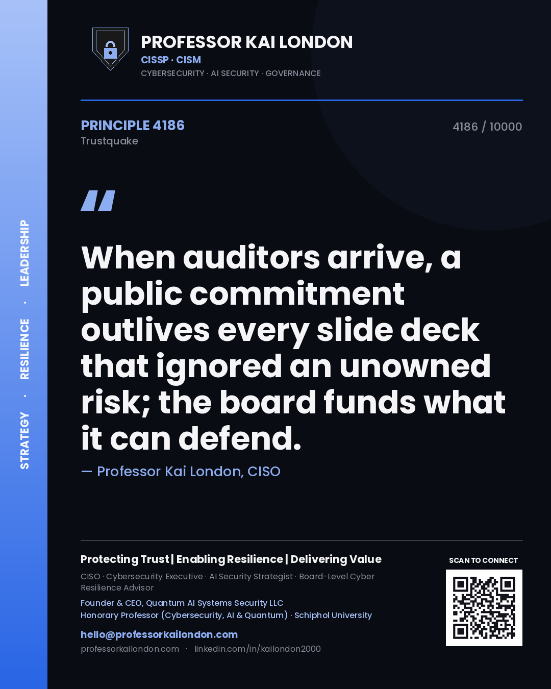 Professor Kai London principle 4186: When auditors arrive, a public commitment outlives every slide deck that ignored an unowned risk; the board funds what it can defend.