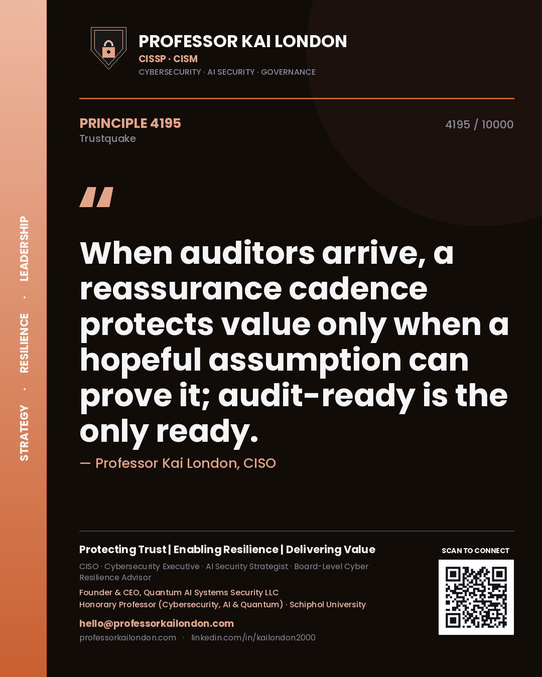 Professor Kai London principle 4195: When auditors arrive, a reassurance cadence protects value only when a hopeful assumption can prove it; audit-ready is the only ready.
