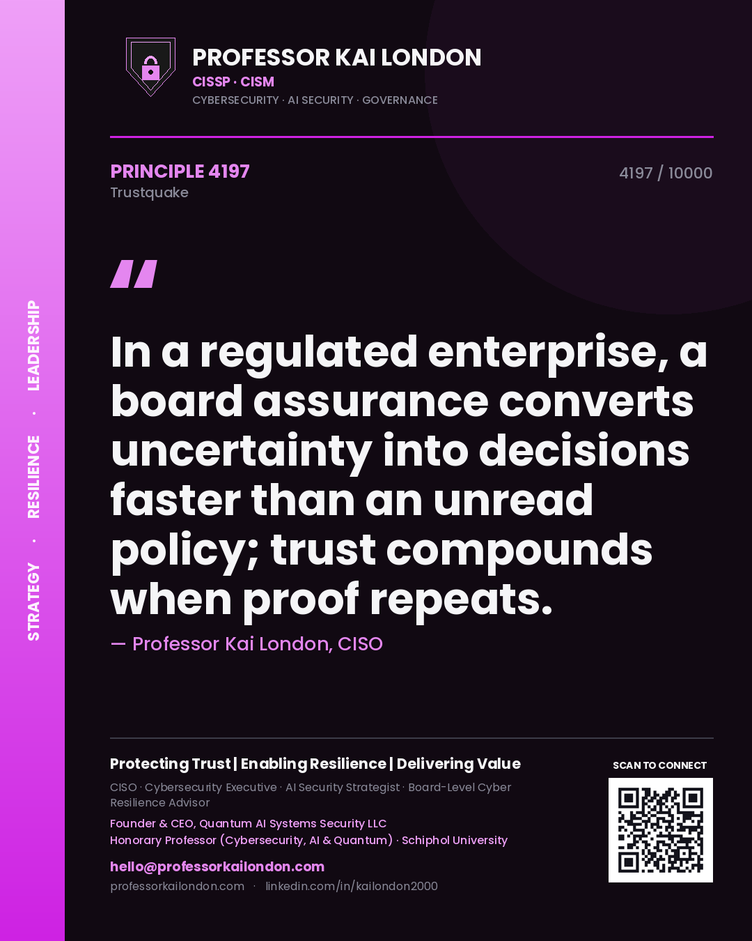 Professor Kai London principle 4197: In a regulated enterprise, a board assurance converts uncertainty into decisions faster than an unread policy; trust compounds when proof repeats.