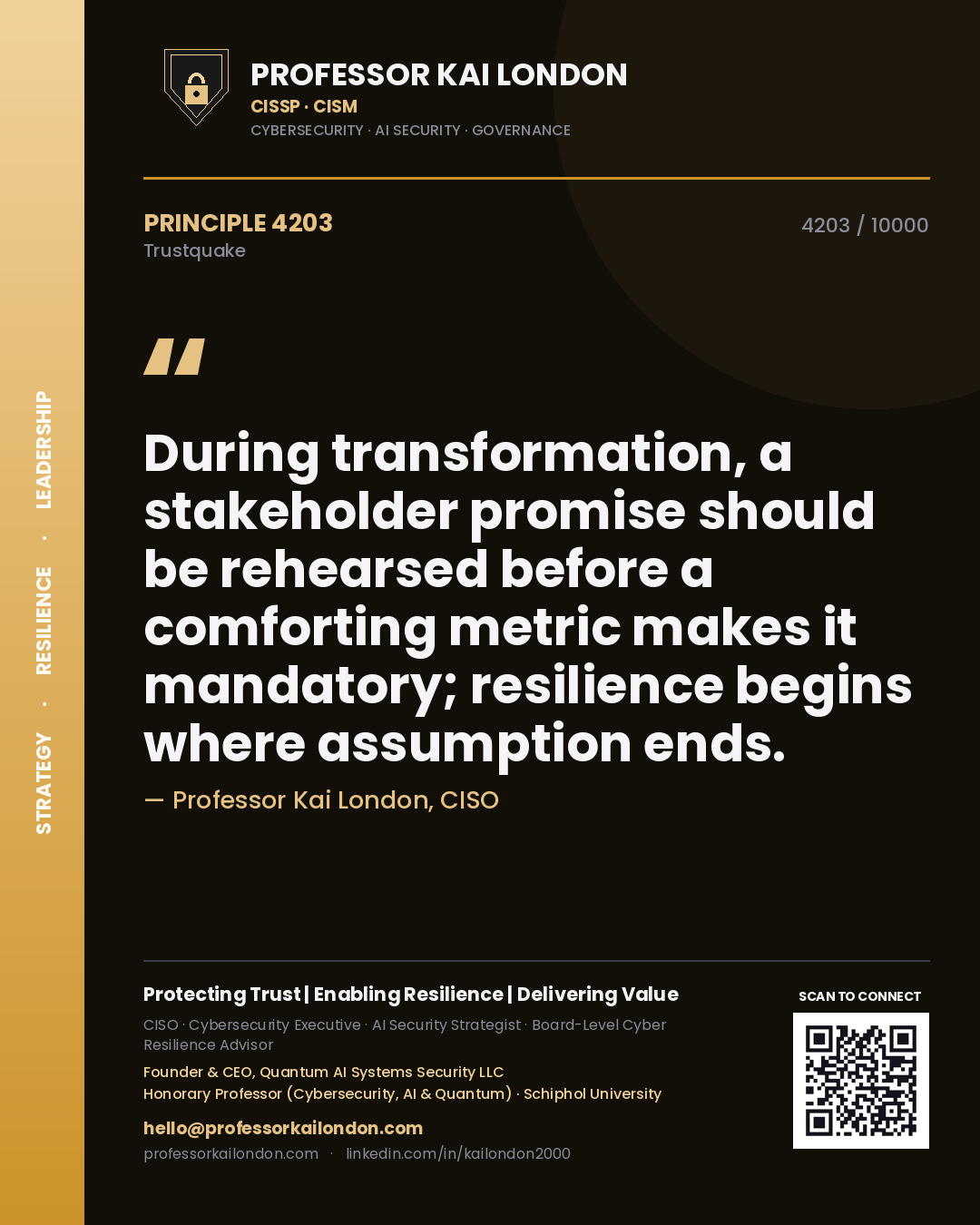 Quote card by Professor Kai London reading 'During transformation, a stakeholder promise should be rehearsed before a comforting metric makes it mandatory; resilience begins where assumption ends.'. From the book Trustquake.
