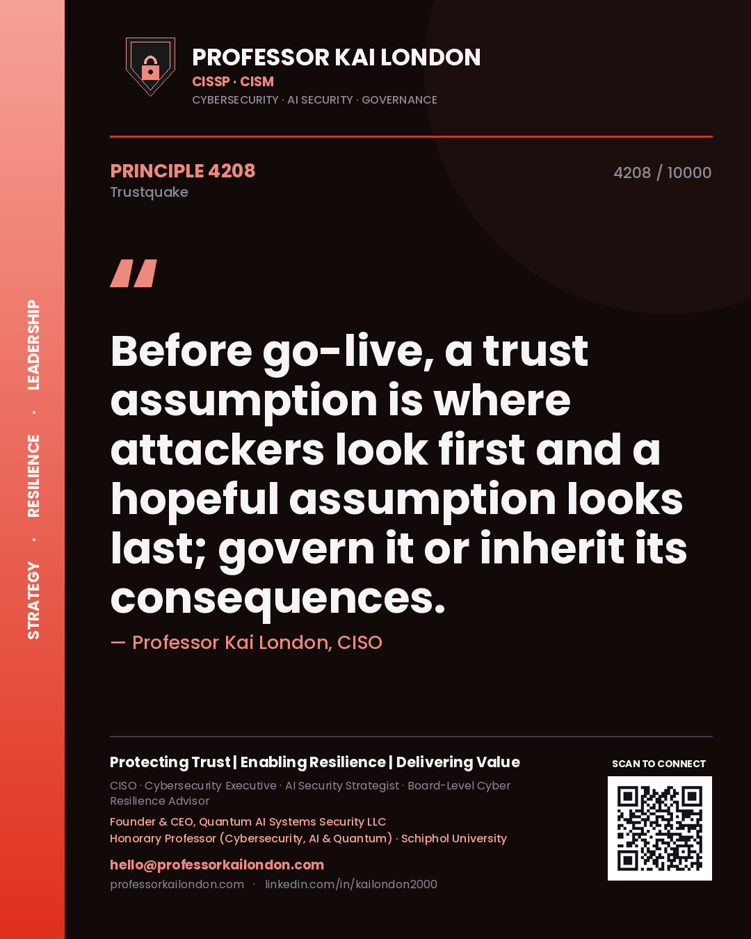 Quote card by Professor Kai London reading 'Before go-live, a trust assumption is where attackers look first and a hopeful assumption looks last; govern it or inherit its consequences.'. From the book Trustquake.