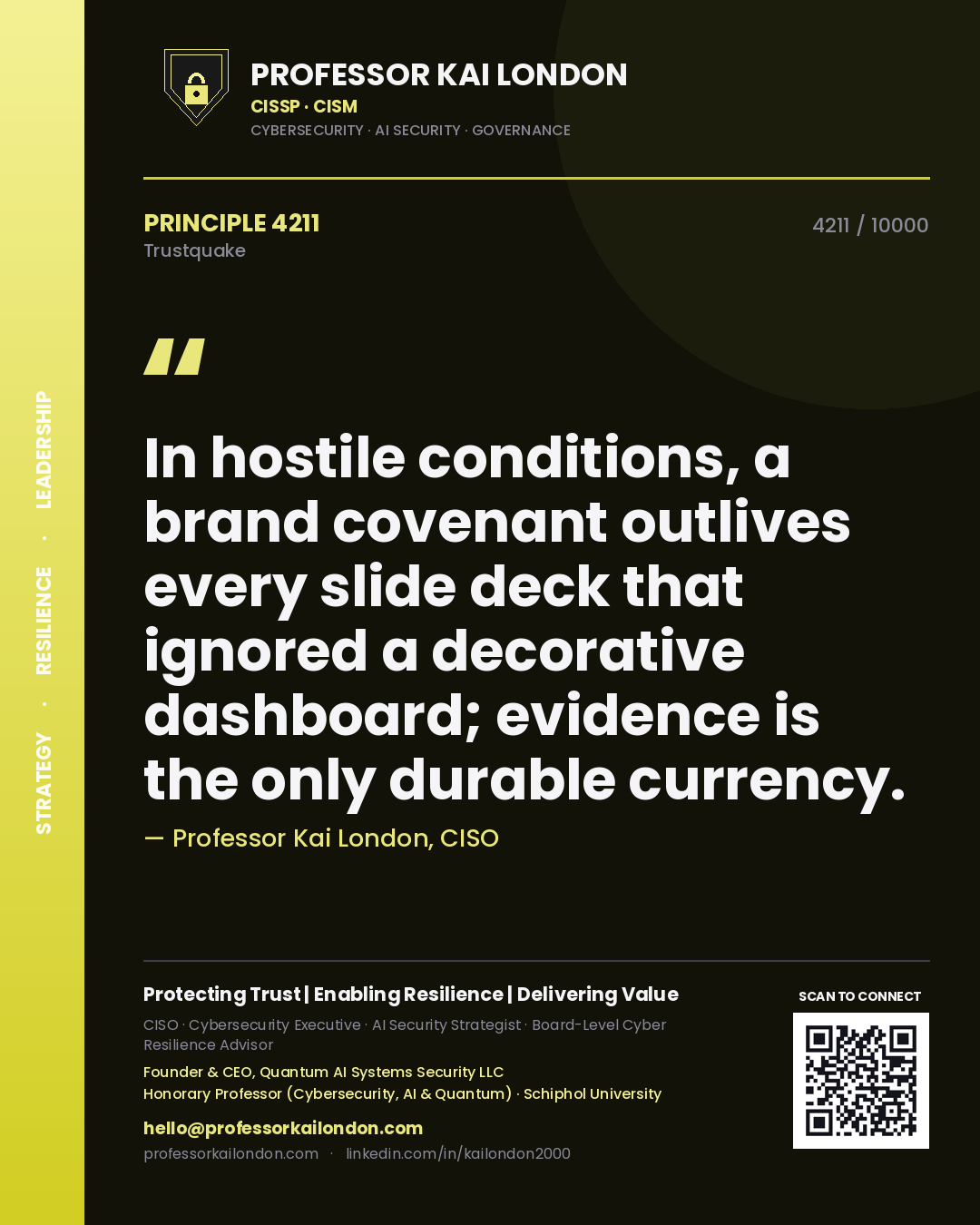 Quote card by Professor Kai London reading 'In hostile conditions, a brand covenant outlives every slide deck that ignored a decorative dashboard; evidence is the only durable currency.'. From the book Trustquake.