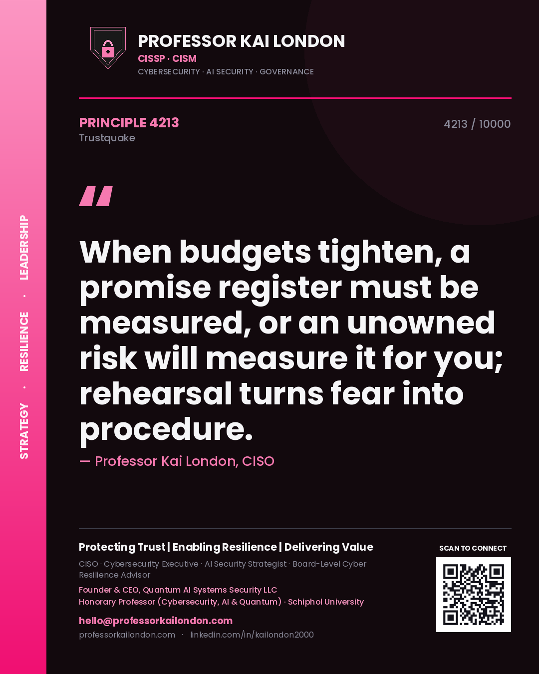 Quote card by Professor Kai London reading 'When budgets tighten, a promise register must be measured, or an unowned risk will measure it for you; rehearsal turns fear into procedure.'. From the book Trustquake.