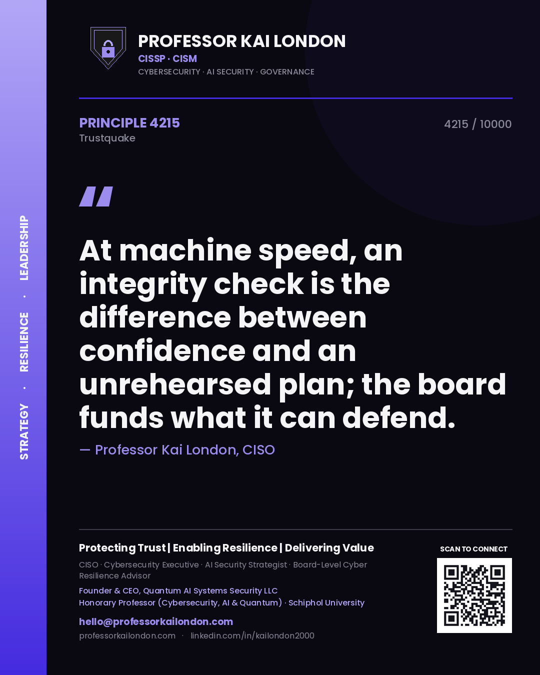 Quote card by Professor Kai London reading 'At machine speed, an integrity check is the difference between confidence and an unrehearsed plan; the board funds what it can defend.'. From the book Trustquake.