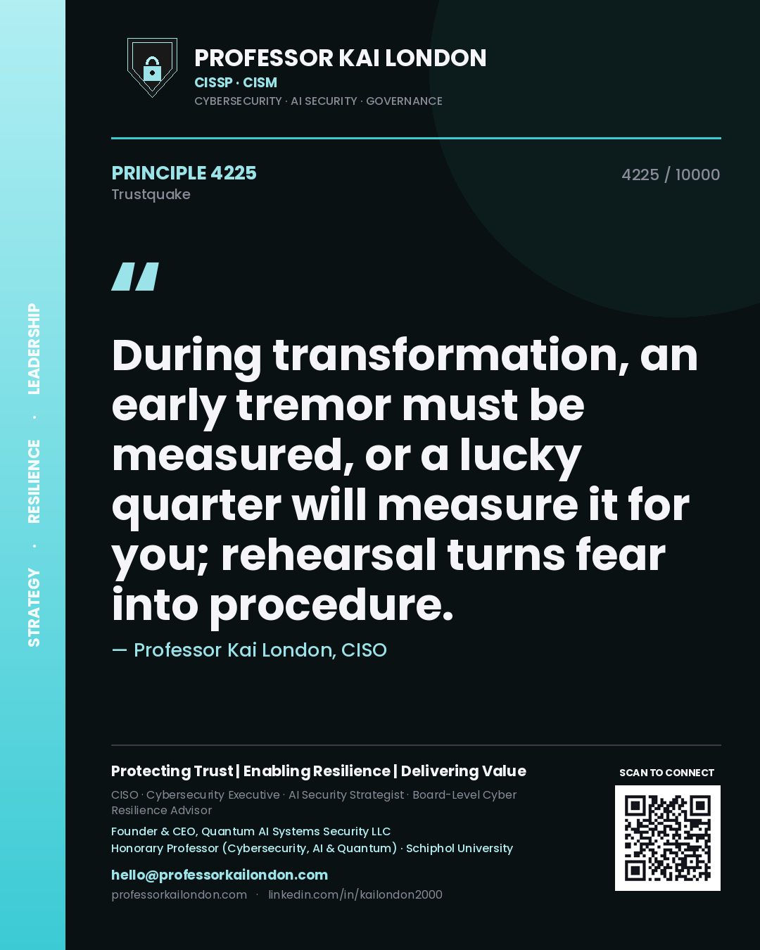 Quote card by Professor Kai London reading 'During transformation, an early tremor must be measured, or a lucky quarter will measure it for you; rehearsal turns fear into procedure.'. From the book Trustquake.