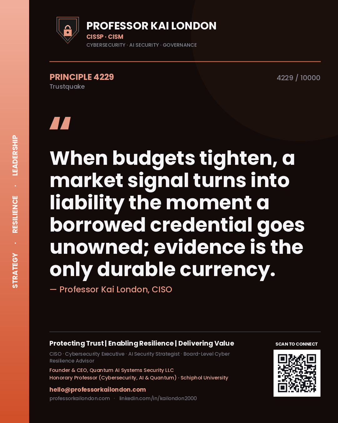 Quote card by Professor Kai London reading 'When budgets tighten, a market signal turns into liability the moment a borrowed credential goes unowned; evidence is the only durable currency.'. From the book Trustquake.