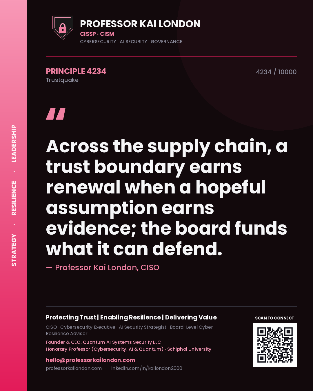 Quote card by Professor Kai London reading 'Across the supply chain, a trust boundary earns renewal when a hopeful assumption earns evidence; the board funds what it can defend.'. From the book Trustquake.