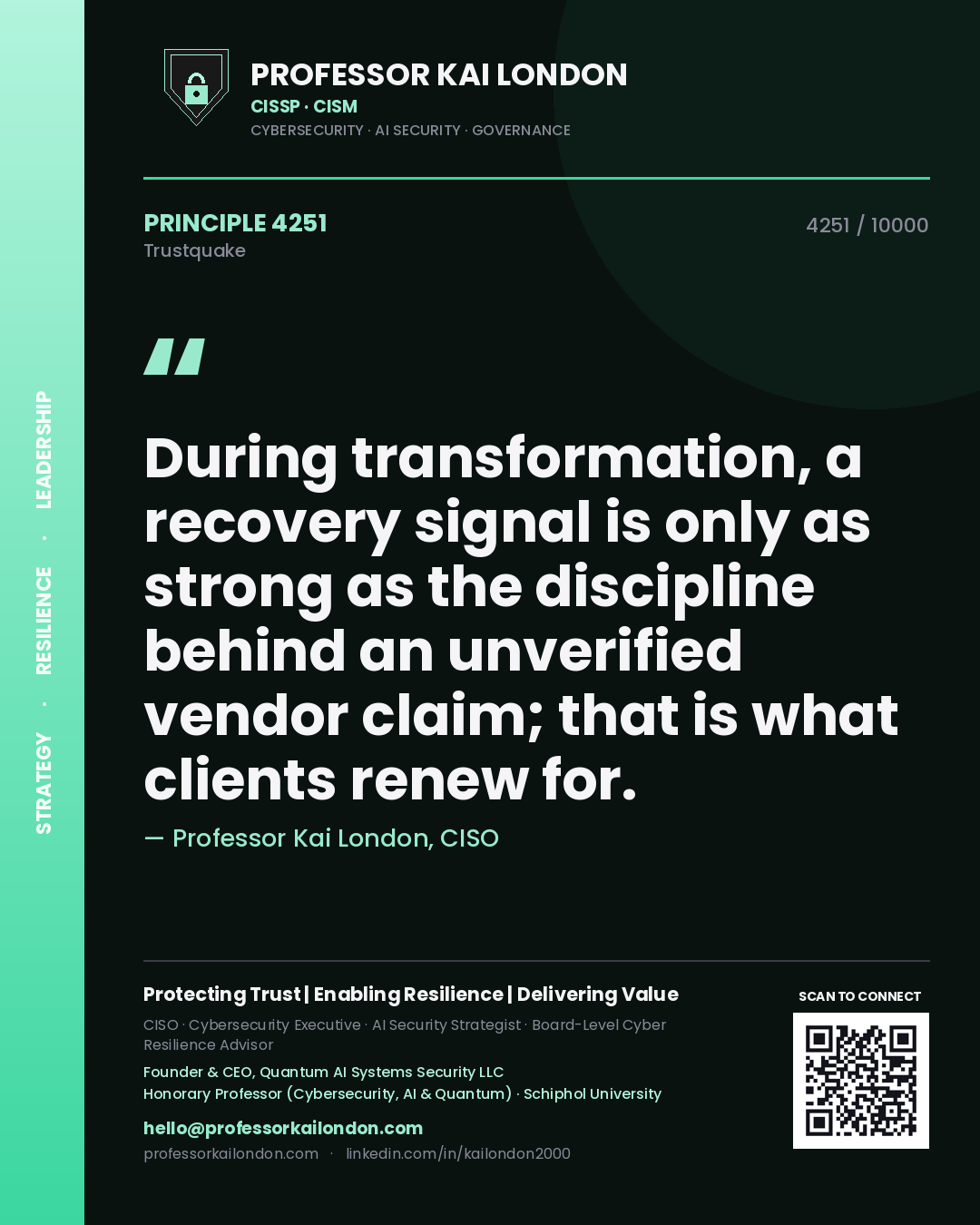 Professor Kai London principle 4251: During transformation, a recovery signal is only as strong as the discipline behind an unverified vendor claim; that is what clients renew for.