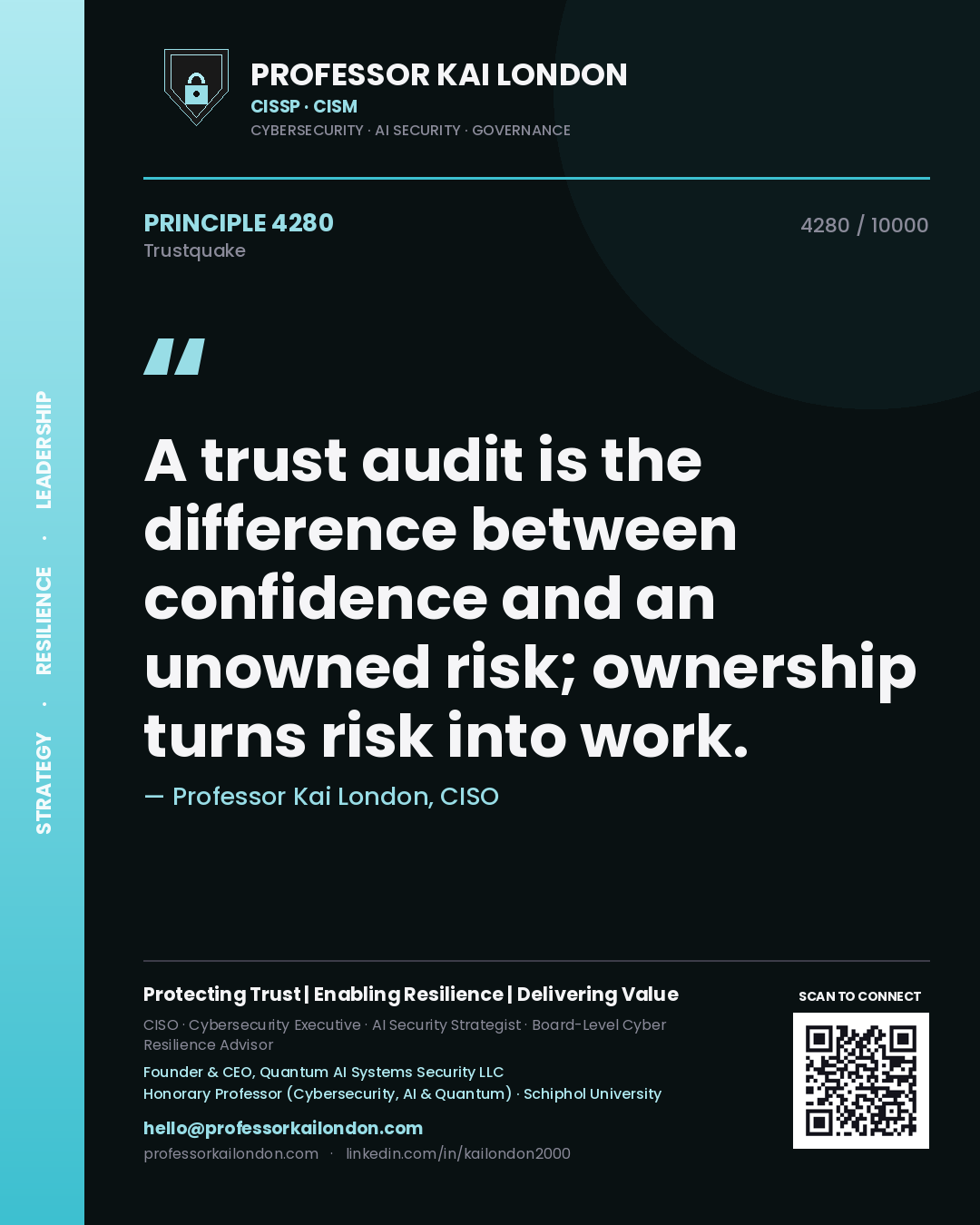 Quote card by Professor Kai London reading 'A trust audit is the difference between confidence and an unowned risk; ownership turns risk into work.'. From the book Trustquake.