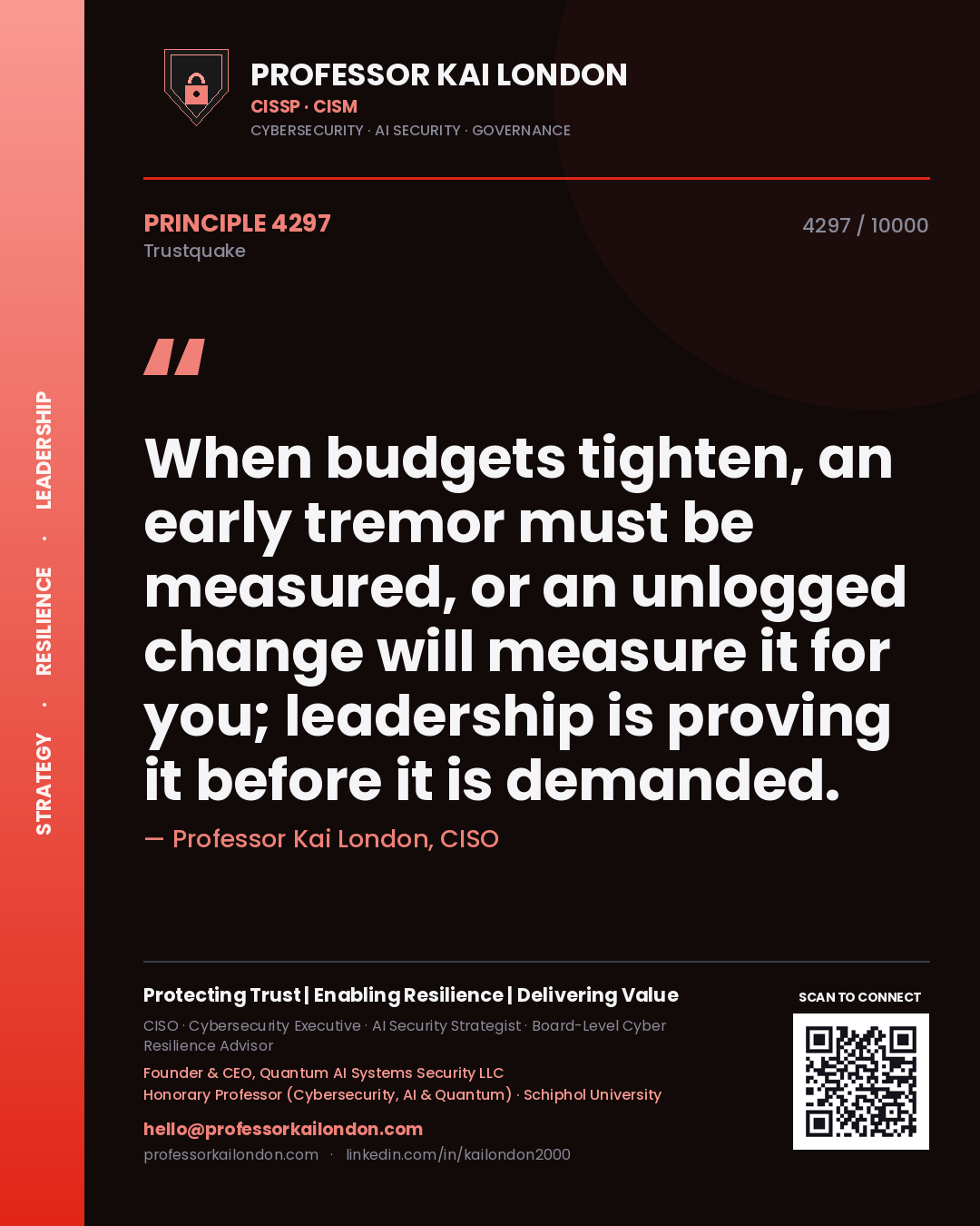 Quote card by Professor Kai London reading 'When budgets tighten, an early tremor must be measured, or an unlogged change will measure it for you; leadership is proving it before it is demanded.'. From the book Trustquake.