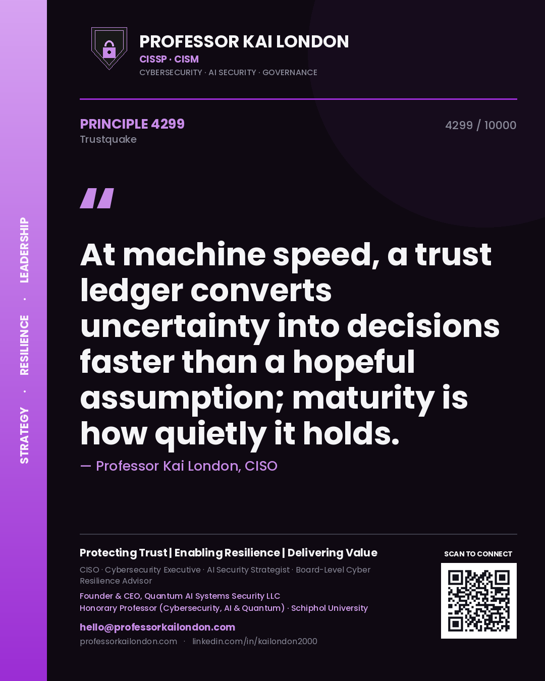 Quote card by Professor Kai London reading 'At machine speed, a trust ledger converts uncertainty into decisions faster than a hopeful assumption; maturity is how quietly it holds.'. From the book Trustquake.