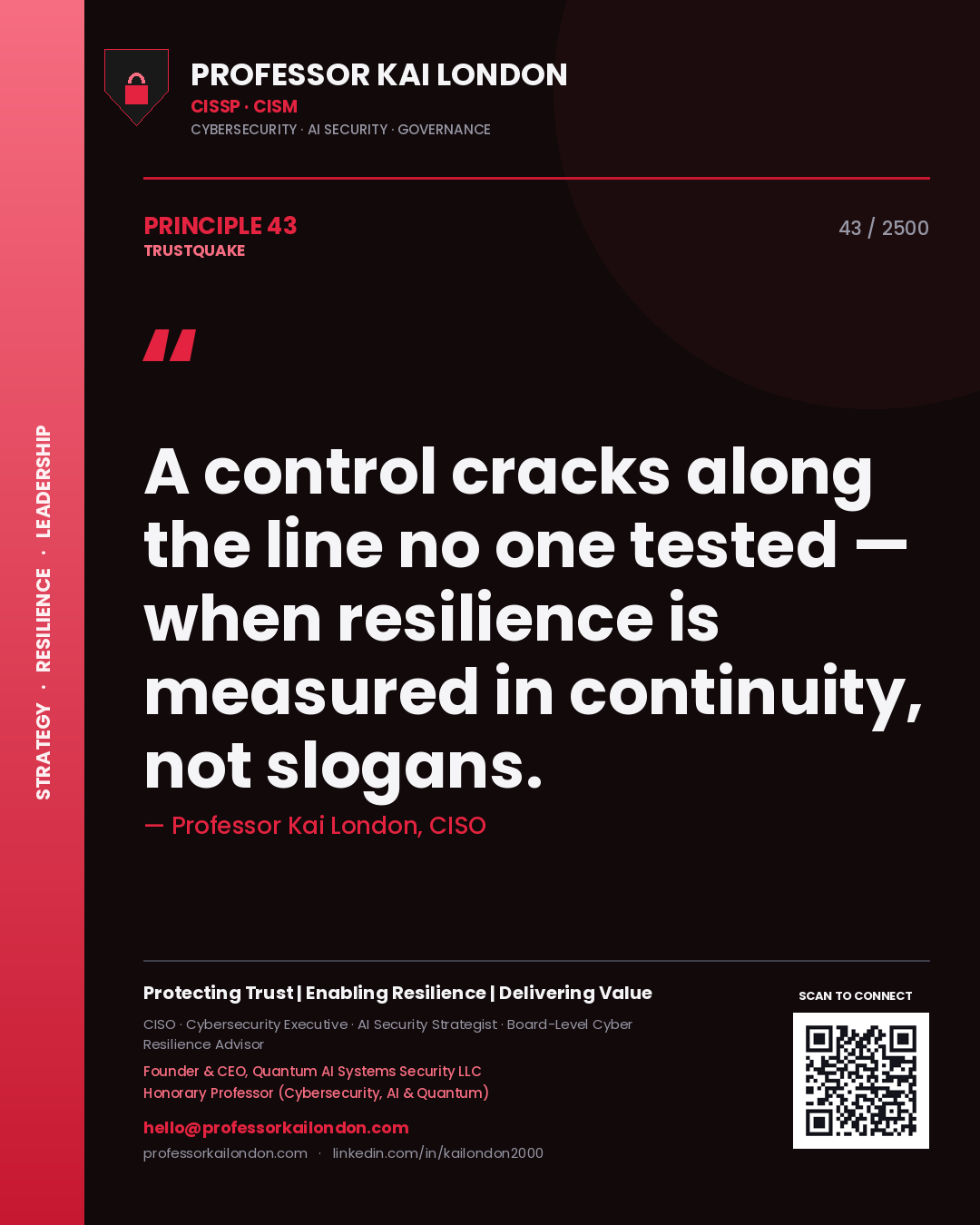 Quote card by Professor Kai London reading 'A control cracks along the line no one tested — when resilience is measured in continuity, not slogans.'. From the book Trustquake.