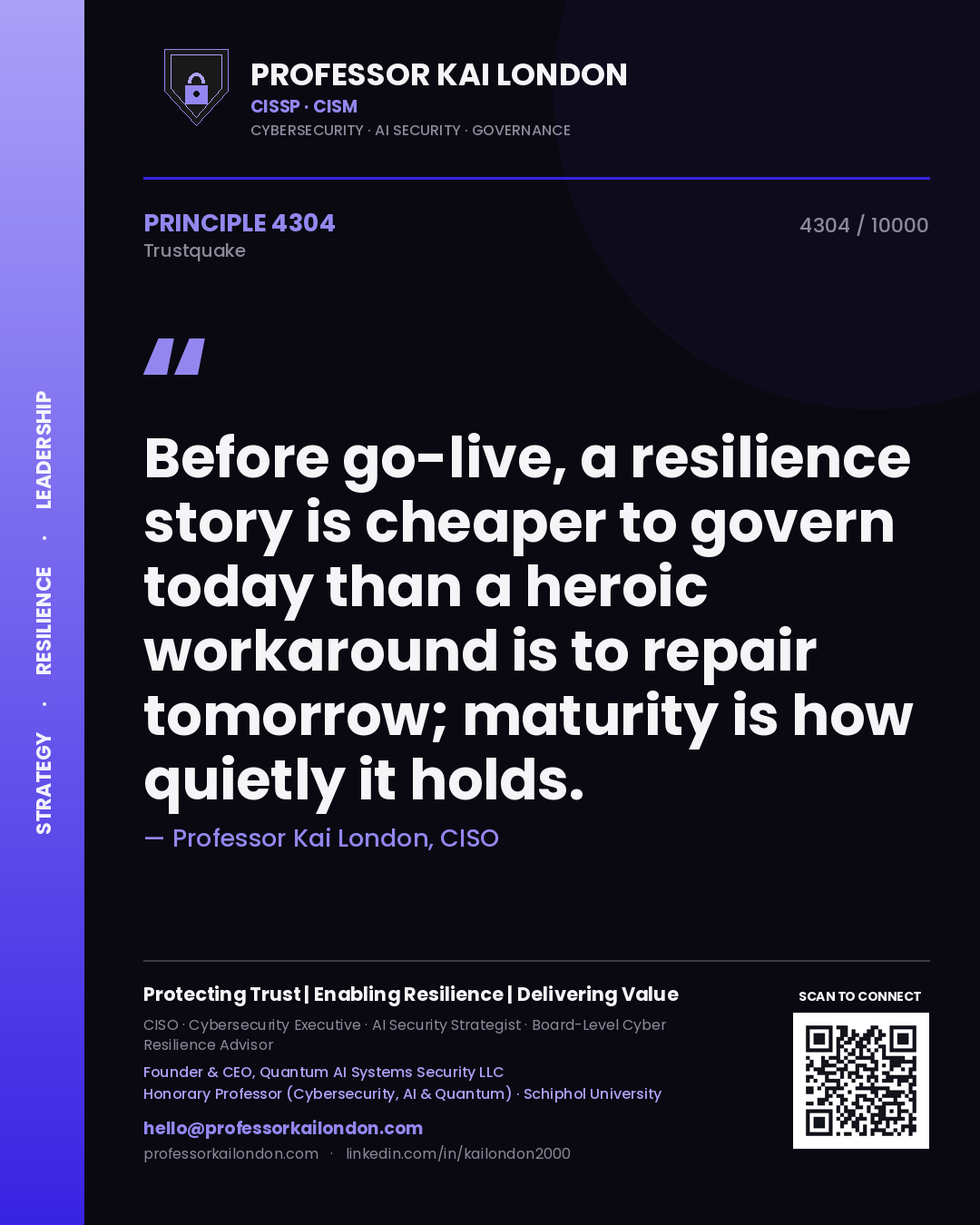 Professor Kai London principle 4304: Before go-live, a resilience story is cheaper to govern today than a heroic workaround is to repair tomorrow; maturity is how quietly it holds.