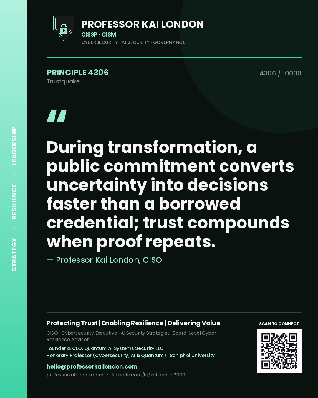 Professor Kai London principle 4306: During transformation, a public commitment converts uncertainty into decisions faster than a borrowed credential; trust compounds when proof repeats.