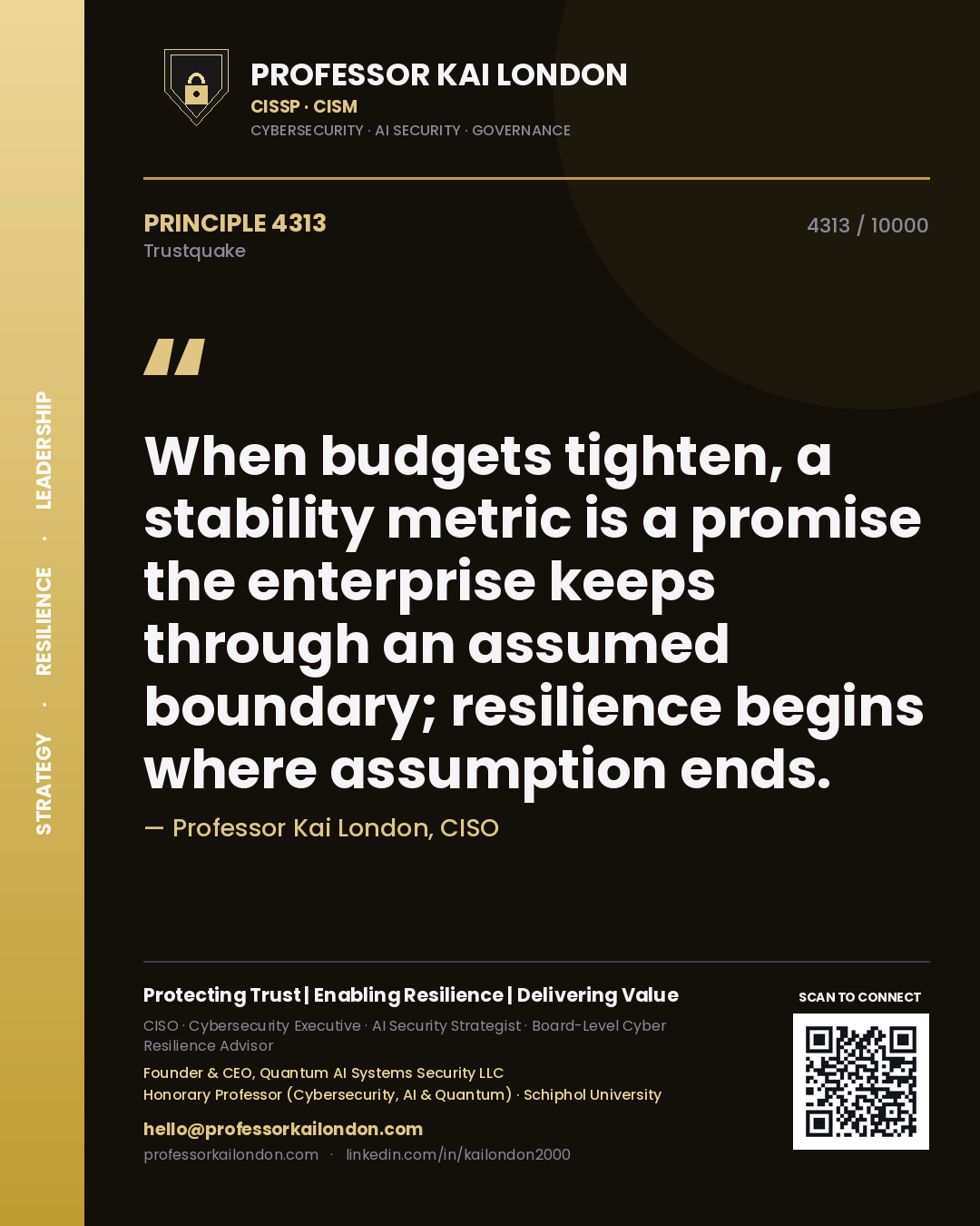 Quote card by Professor Kai London reading 'When budgets tighten, a stability metric is a promise the enterprise keeps through an assumed boundary; resilience begins where assumption ends.'. From the book Trustquake.