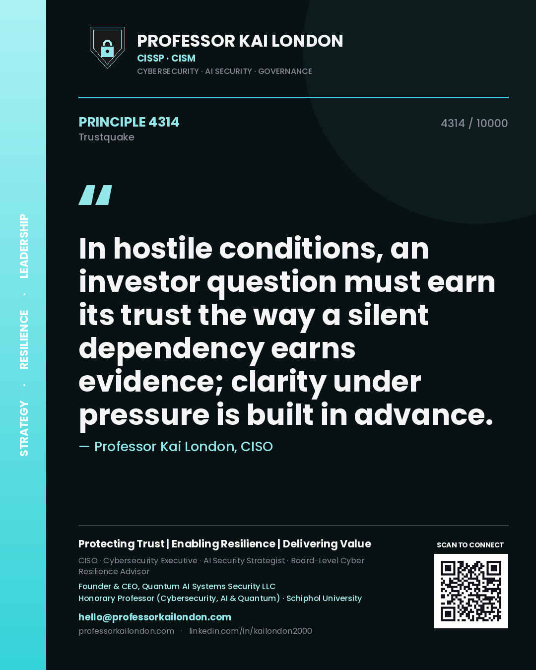 Professor Kai London principle 4314: In hostile conditions, an investor question must earn its trust the way a silent dependency earns evidence; clarity under pressure is built in advance.