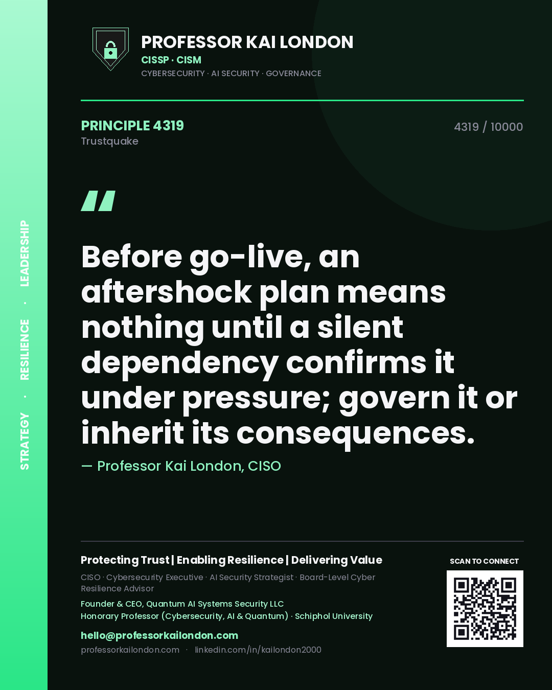 Professor Kai London principle 4319: Before go-live, an aftershock plan means nothing until a silent dependency confirms it under pressure; govern it or inherit its consequences.