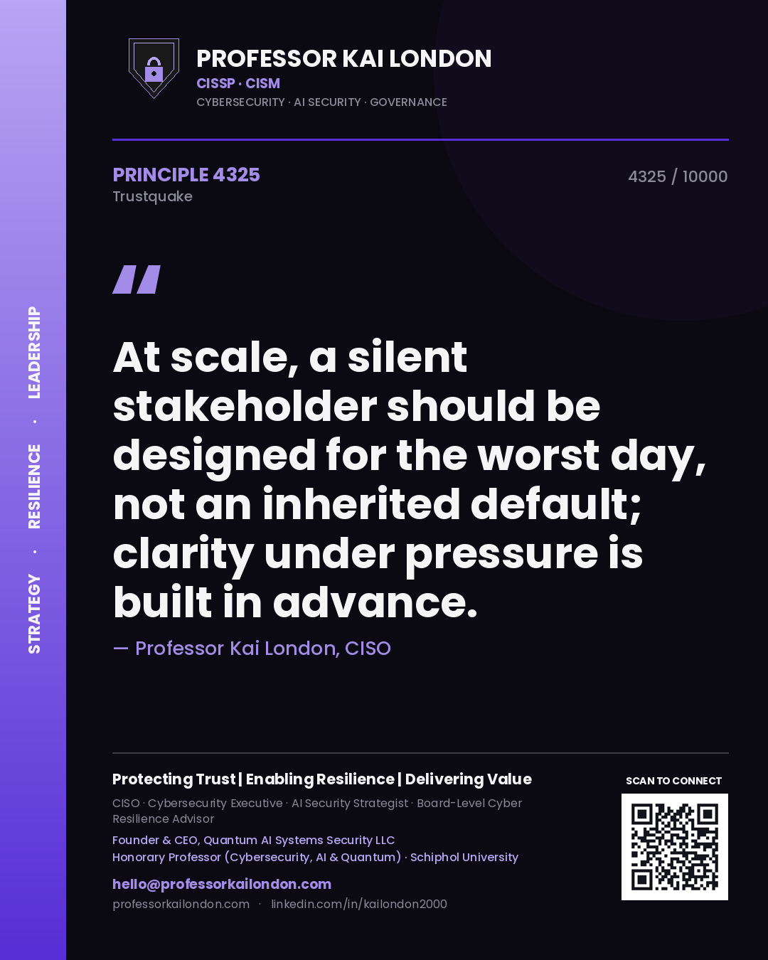 Quote card by Professor Kai London reading 'At scale, a silent stakeholder should be designed for the worst day, not an inherited default; clarity under pressure is built in advance.'. From the book Trustquake.
