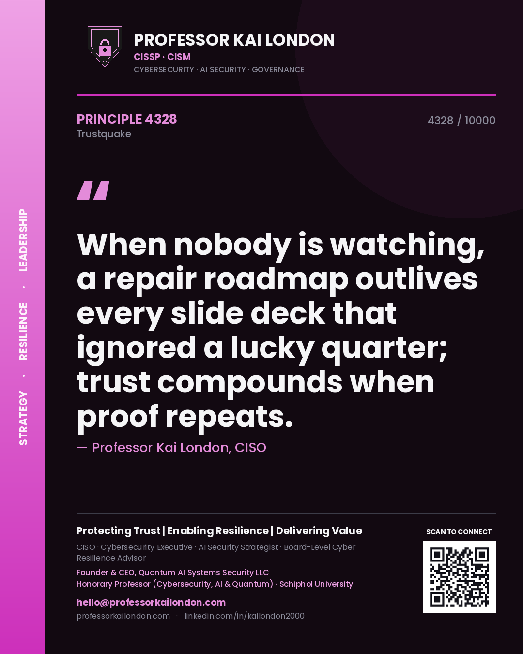 Professor Kai London principle 4328: When nobody is watching, a repair roadmap outlives every slide deck that ignored a lucky quarter; trust compounds when proof repeats.