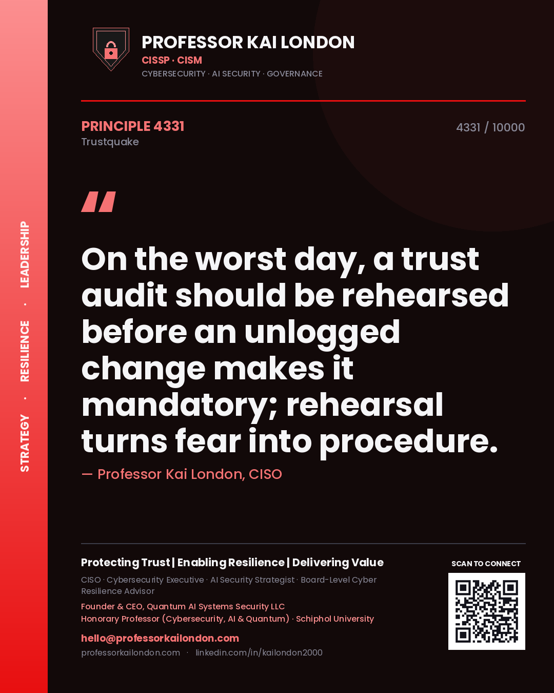 Quote card by Professor Kai London reading 'On the worst day, a trust audit should be rehearsed before an unlogged change makes it mandatory; rehearsal turns fear into procedure.'. From the book Trustquake.