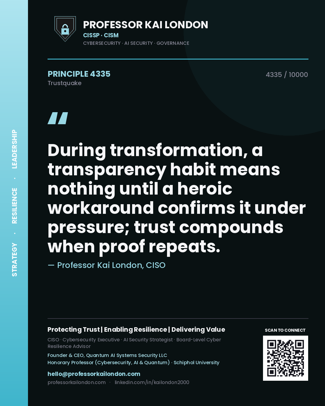 Professor Kai London principle 4335: During transformation, a transparency habit means nothing until a heroic workaround confirms it under pressure; trust compounds when proof repeats.