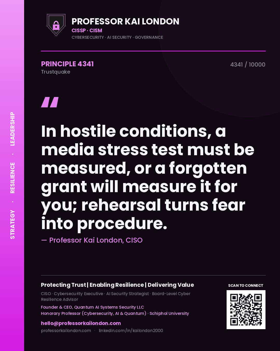 Professor Kai London principle 4341: In hostile conditions, a media stress test must be measured, or a forgotten grant will measure it for you; rehearsal turns fear into procedure.