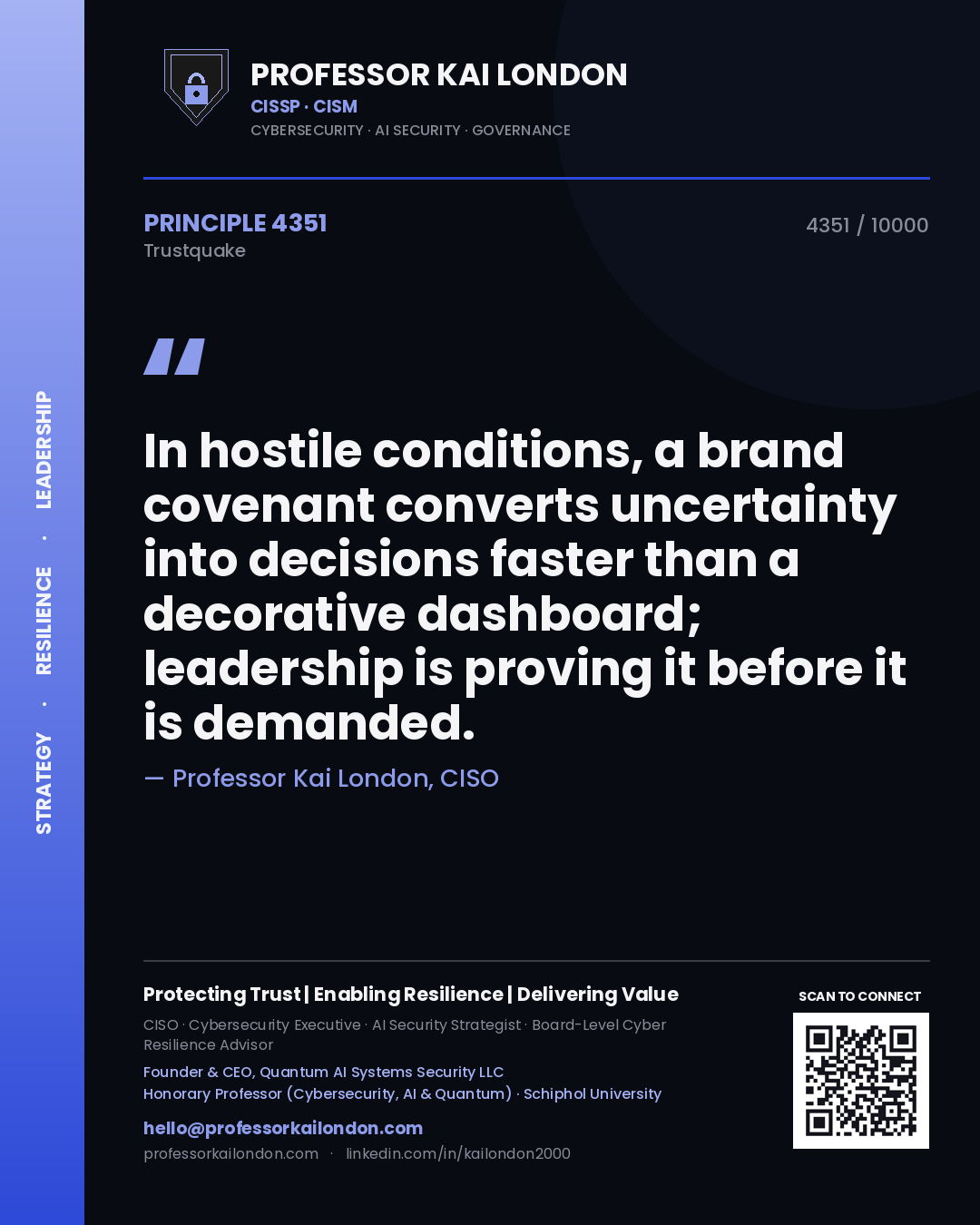 Professor Kai London principle 4351: In hostile conditions, a brand covenant converts uncertainty into decisions faster than a decorative dashboard; leadership is proving it before it is demanded.